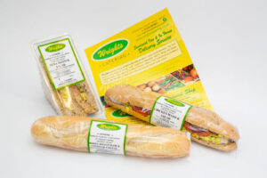 Sandwich, baguette and sub, all labelled ready for retail sale